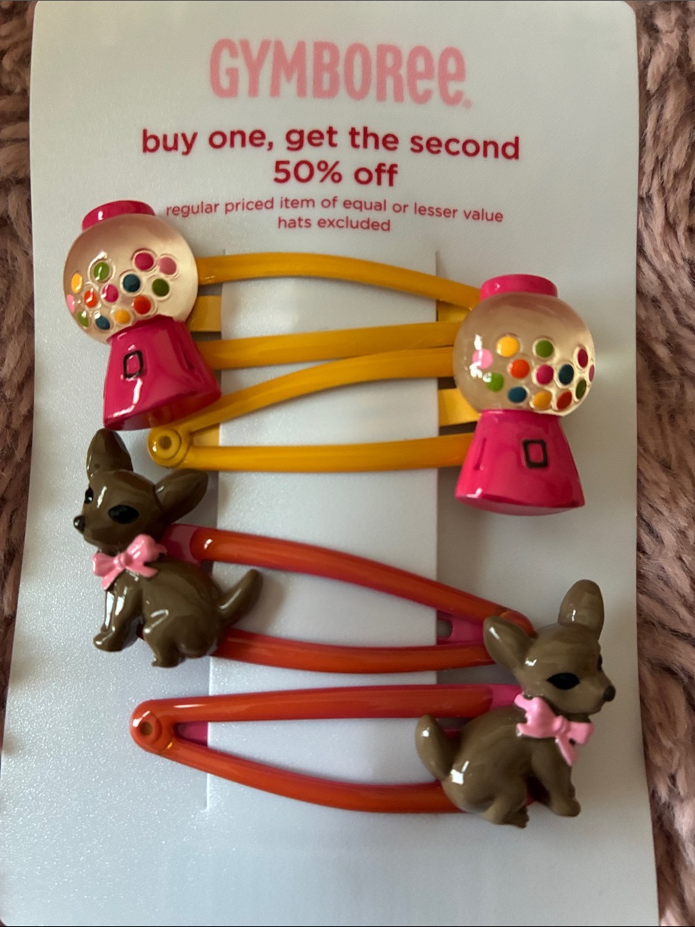 Gymboree Pink & Yellow Gumball Machine and Brown Puppy Hair Clips Set